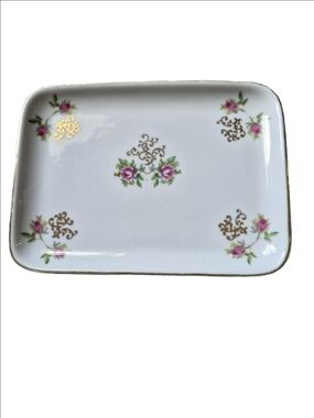 Floral I.W. Rice Company Pink Rose Gold-Accented Porcelain Dresser Tray